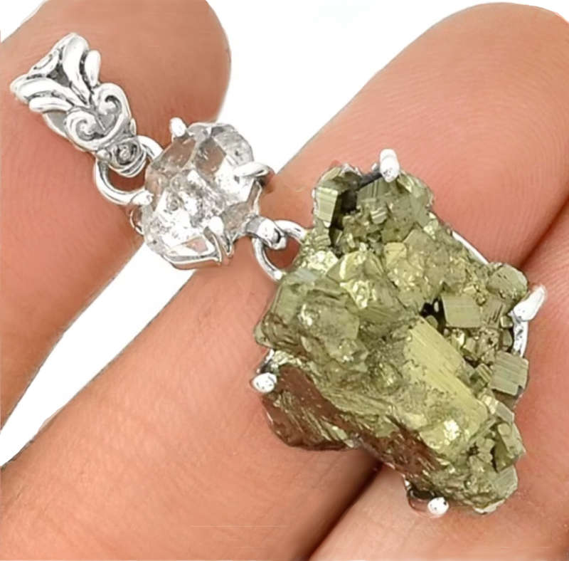 Natural Peruvian Pyrite Cluster and Herkimer Diamond set in Solid .925 Sterling Silver Pendant