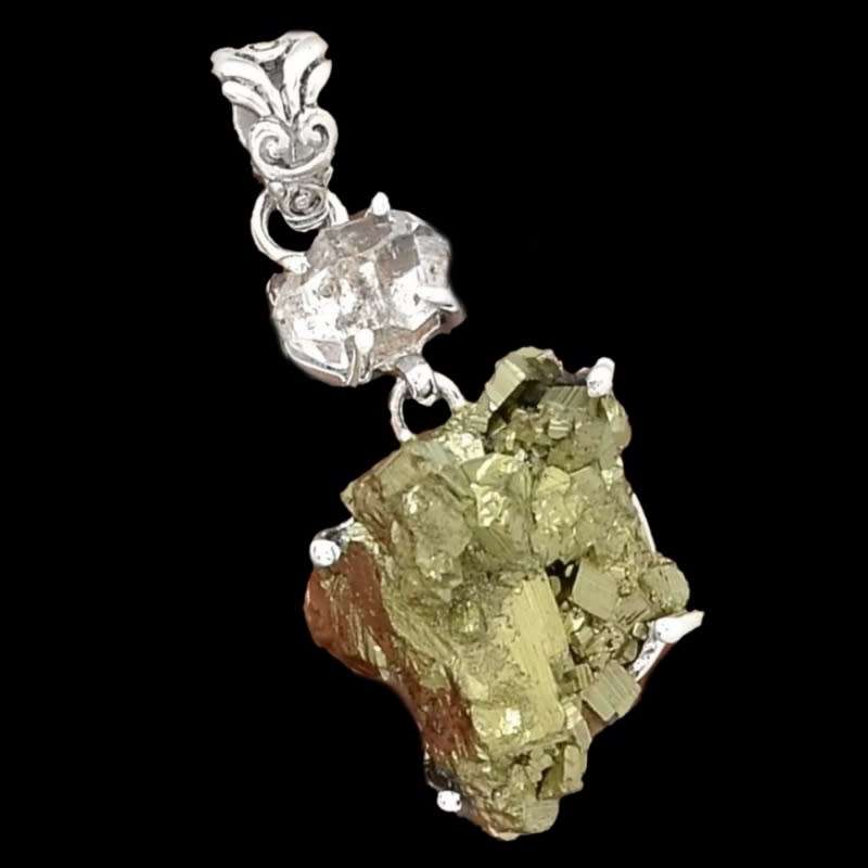 Natural Peruvian Pyrite Cluster and Herkimer Diamond set in Solid .925 Sterling Silver Pendant