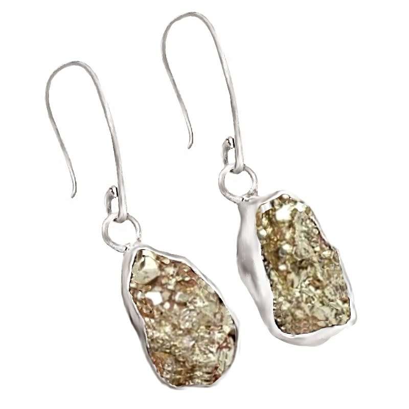 Natural Peruvian Pyrite Rough Nugget set in Solid .925 Sterling Silver Dainty Earrings