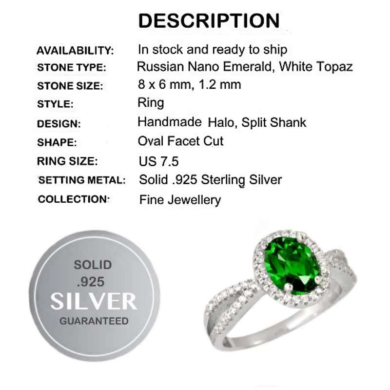 3.88 cts Beautiful Russian Nano Emerald , White Topaz in Solid .925 Sterling Silver Size 7 or O