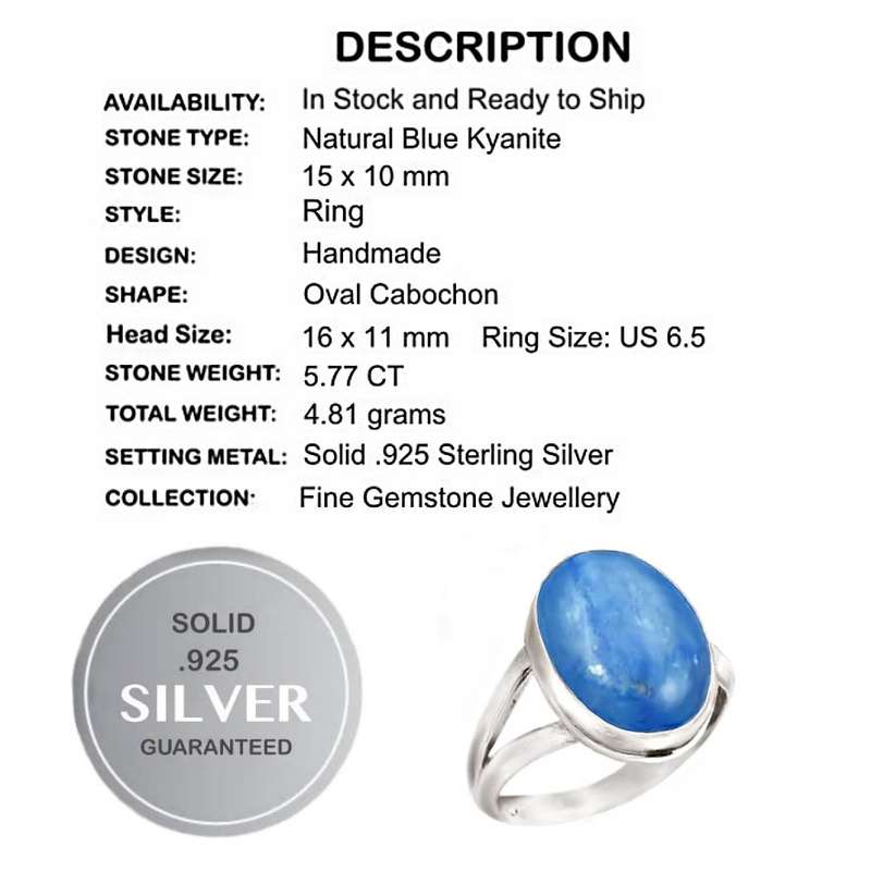 5.77 cts Natural Kyanite Oval Gemstone set in Solid .925 Sterling Silver Ring Size US 6.5 / N