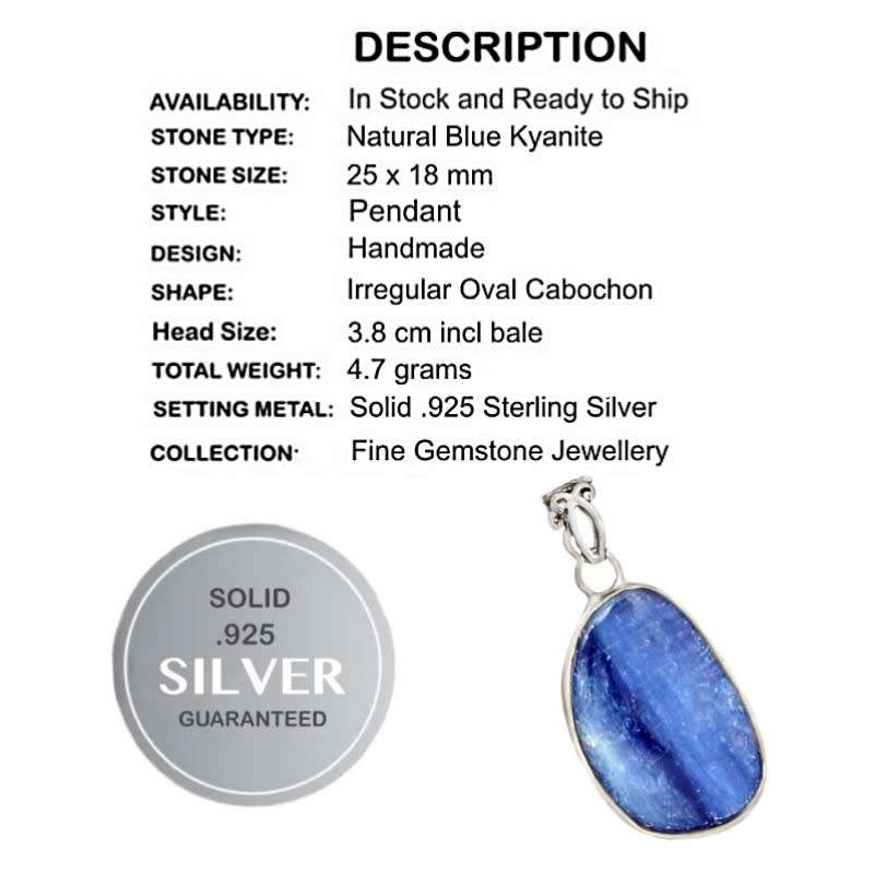 Stylish Natural Kyanite Gemstone .925 Sterling Silver Kyanite Pendant