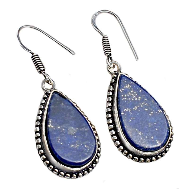 Natural Lapis Lazuli Pear Shape Gemstone set in .925 Sterling Silver Plated Handmade Earrings