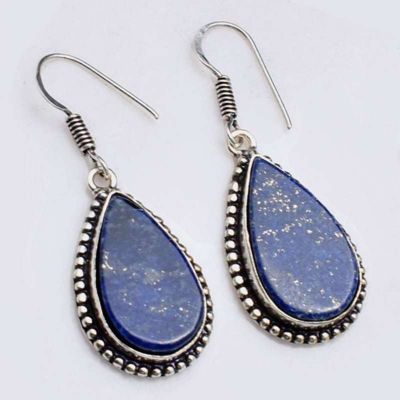 Natural Lapis Lazuli Pear Shape Gemstone set in .925 Sterling Silver Plated Handmade Earrings