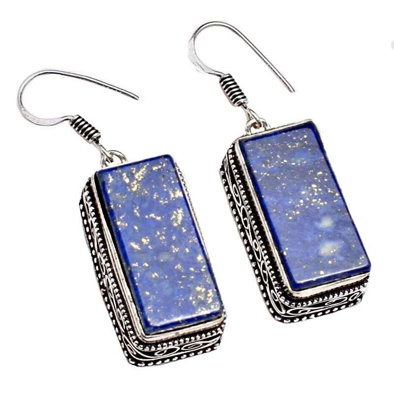 Natural Lapis Lazuli Rectangle Shape Gemstone in .925 Sterling Silver Plated Antique Style Earrings