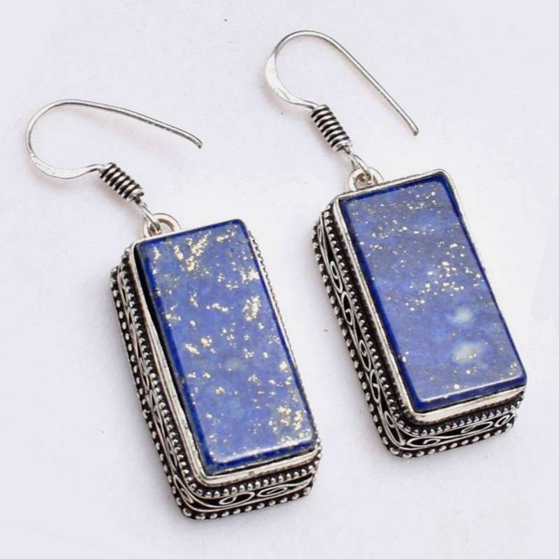 Natural Lapis Lazuli Rectangle Shape Gemstone in .925 Sterling Silver Plated Antique Style Earrings