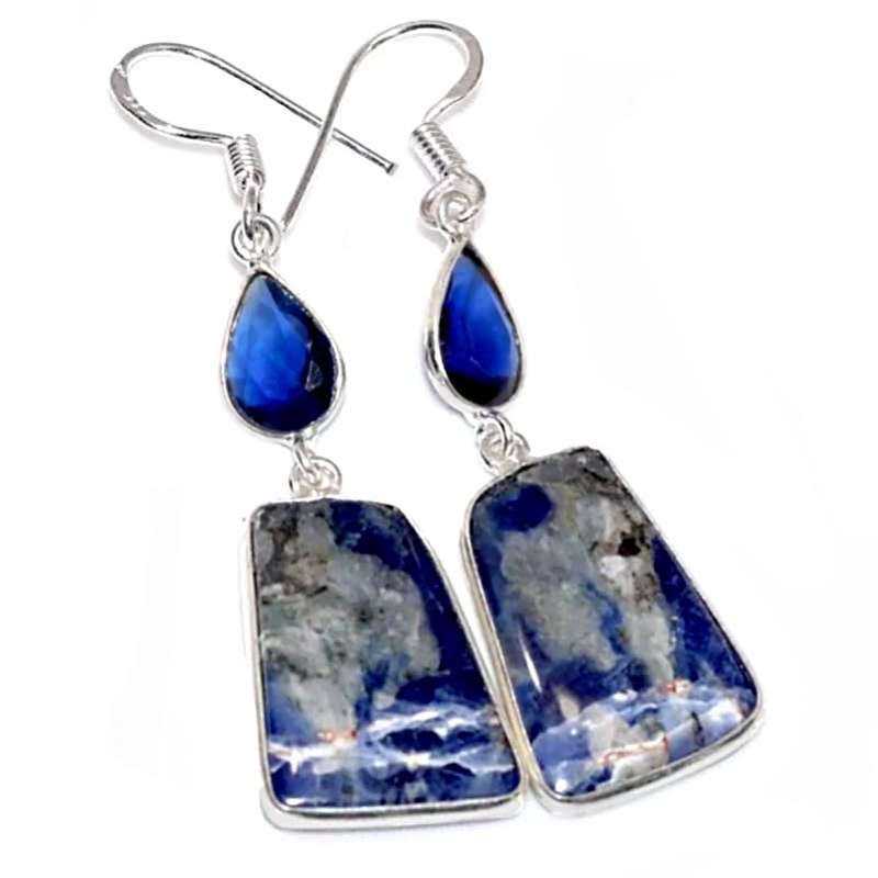 Natural Sodalite and Sapphire Quartz Gemstone  925 Sterling Silver Plated Handmade Earrings