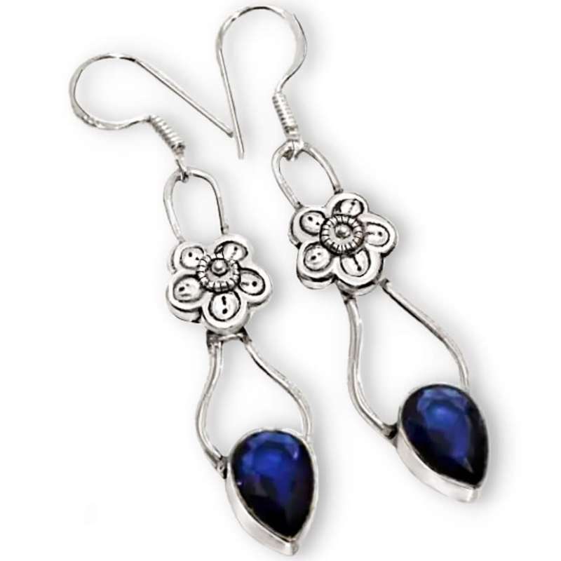 Faceted Sapphire Blue Quartz with Floral Accent set in 925 Sterling Silver Plated Long Earrings
