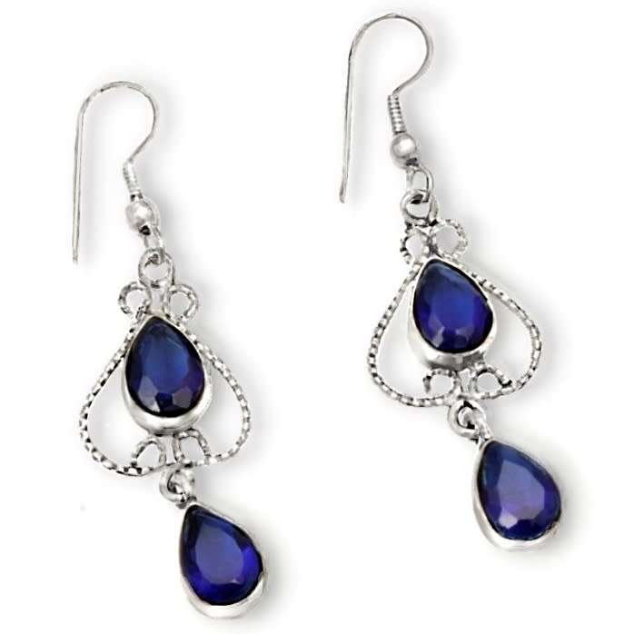 Handmade Sapphire Blue Quartz set in 925 Sterling Silver Plated Drop Dangle Earrings