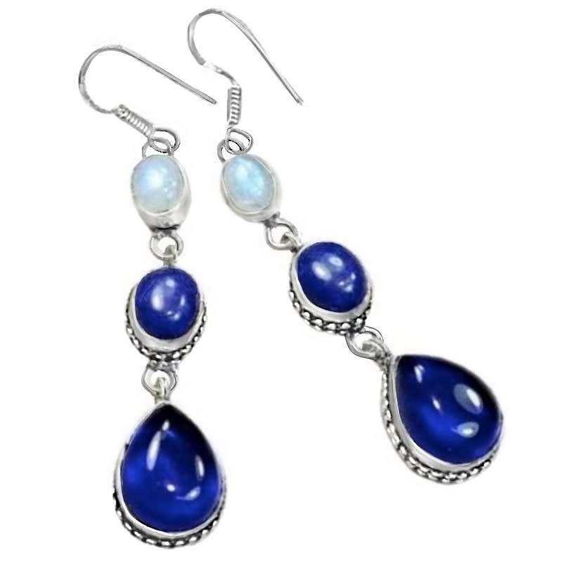 Natural Moonstone, Indian Blue Quartz and Iolite Gemstones in 925 Sterling Silver Plated Earrings