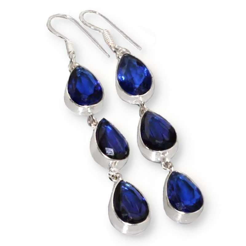 Stunning Long Pear Shape Sapphire Blue Quartz set in 925 Sterling Silver Plated Earrings