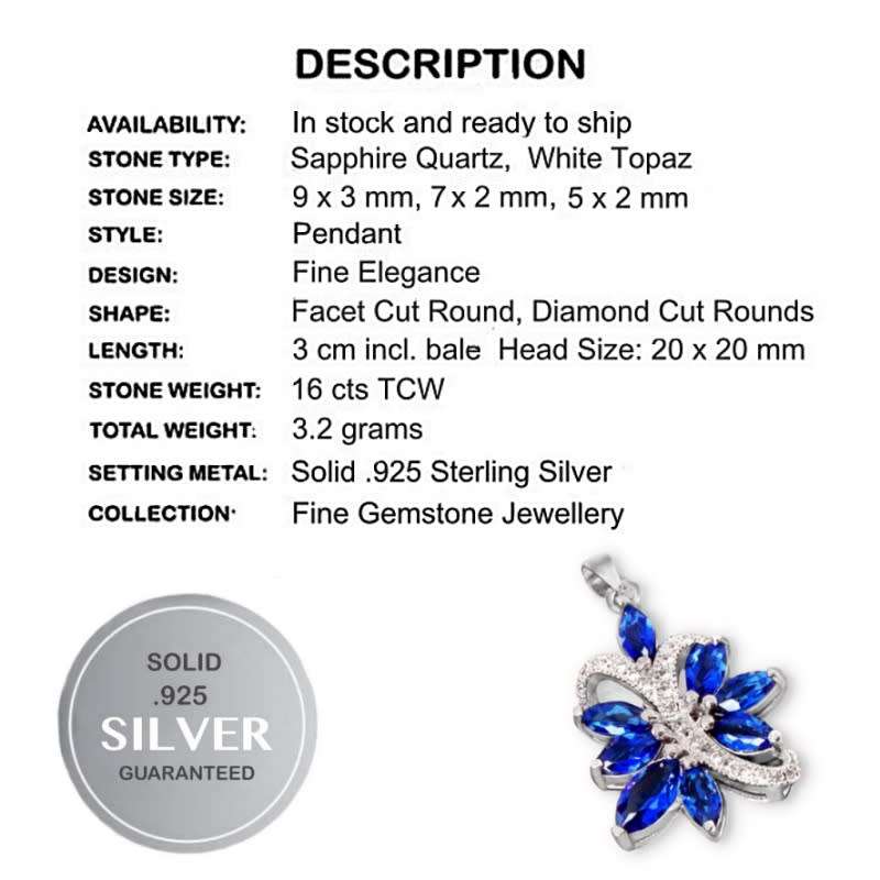 2 cts Sapphire Quartz, White Topaz Solid .925 Sterling Silver Pendant