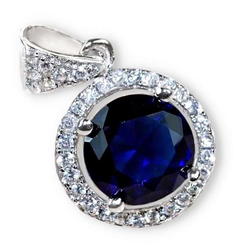 Dainty 2 cts Sapphire Quartz, White Topaz Solid .925 Sterling Silver Pendant