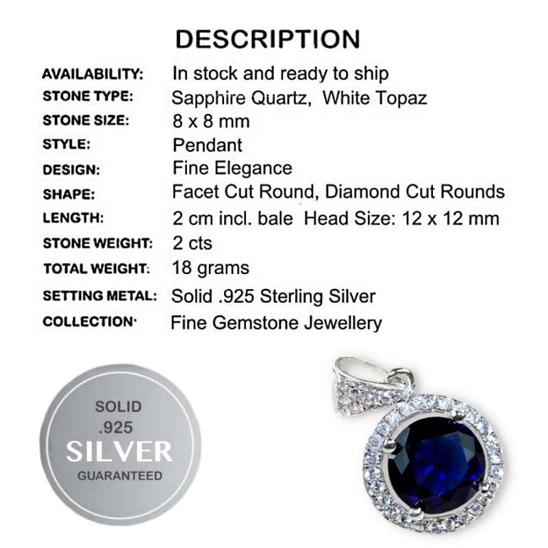 Dainty 2 cts Sapphire Quartz, White Topaz Solid .925 Sterling Silver Pendant