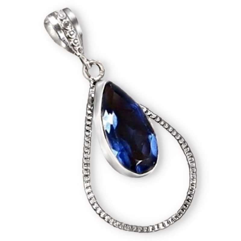 Faceted Sapphire Blue Quartz Pear set in 925 Sterling Silver Plated Modern Pendant