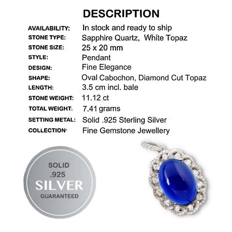 11.9 cts Sapphire Quartz, White Topaz Solid .925 Sterling Silver Pendant