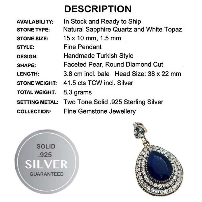 Turkish Two Tone Natural Indian Sapphire and White Topaz set In Solid. 925 Sterling Silver Pendant