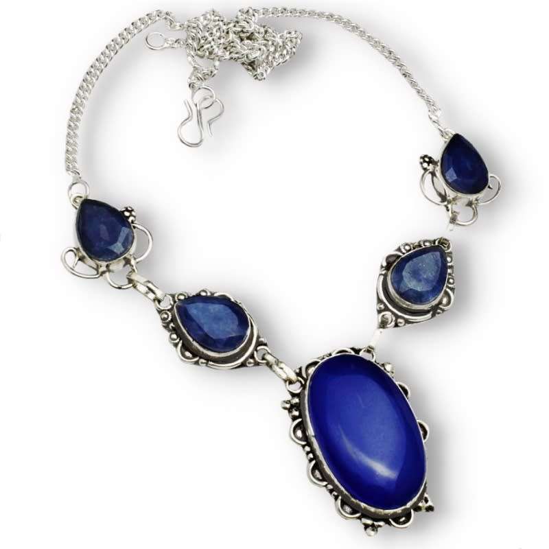 Antique Style Indian Sapphire Mixed Shape Gemstones set in 925 Sterling Silver Plated Necklace