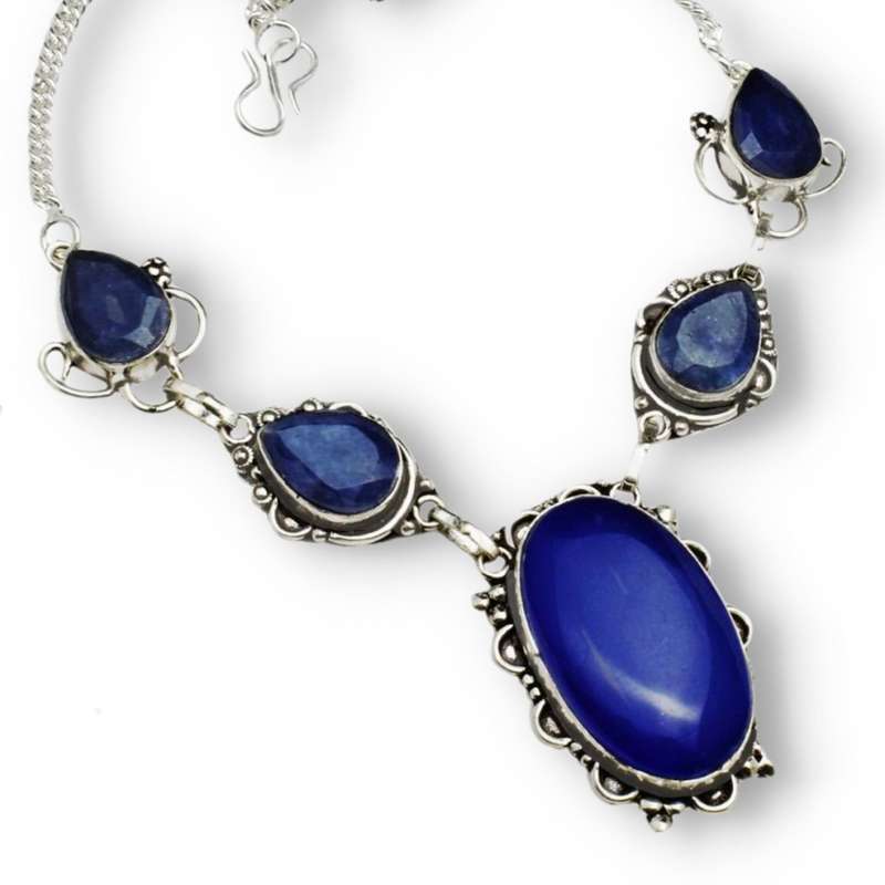 Antique Style Indian Sapphire Mixed Shape Gemstones set in 925 Sterling Silver Plated Necklace