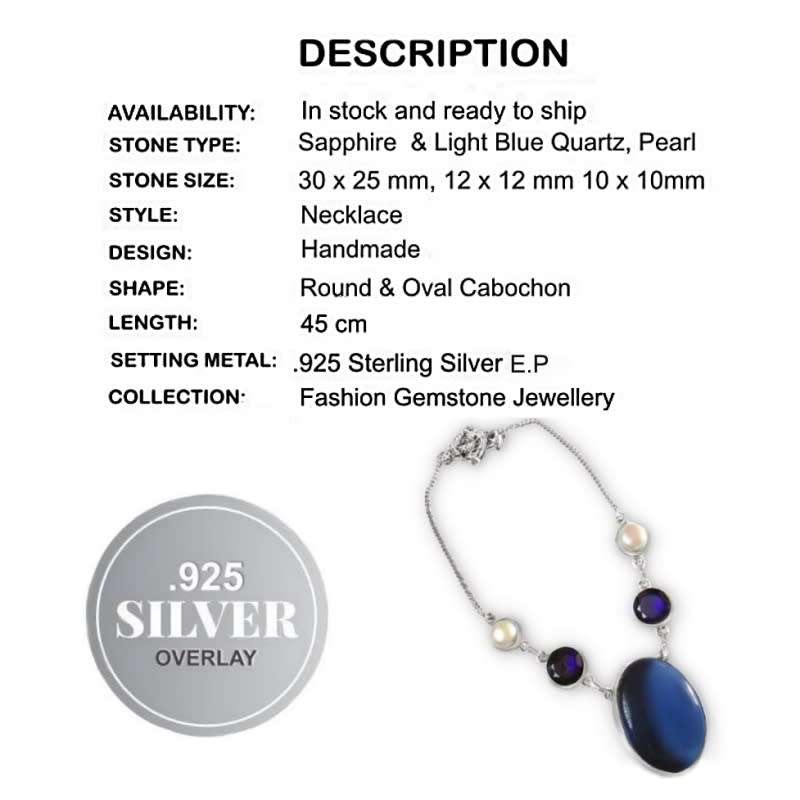 Sapphire Blue Quartz Oval and White Pearl set in  925  Sterling Silver Plated Handmade Necklace