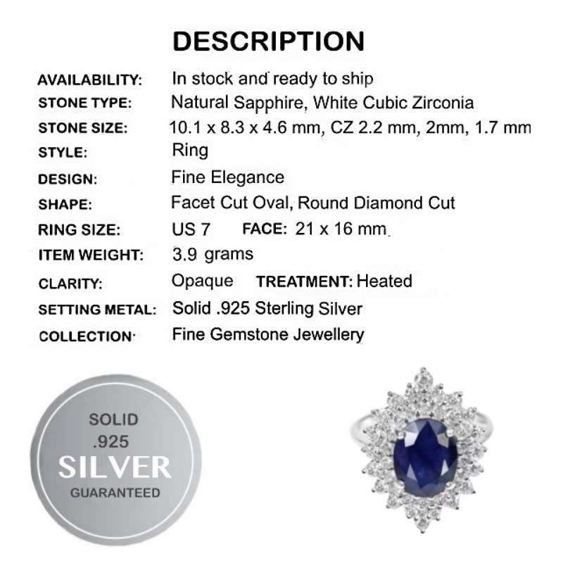 Deluxe Natural Blue Sapphire & White Cubic Zirconia in Solid 925 Silver 14K W/Gold Ring Size 7 / O