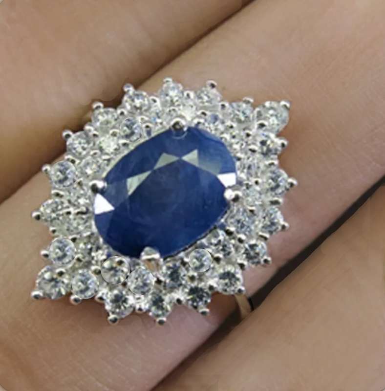 Deluxe Natural Blue Sapphire & White Cubic Zirconia in Solid 925 Silver 14K W/Gold Ring Size 7 / O