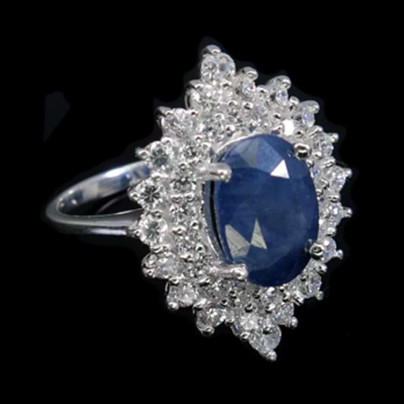 Deluxe Natural Blue Sapphire & White Cubic Zirconia in Solid 925 Silver 14K W/Gold Ring Size 7 / O