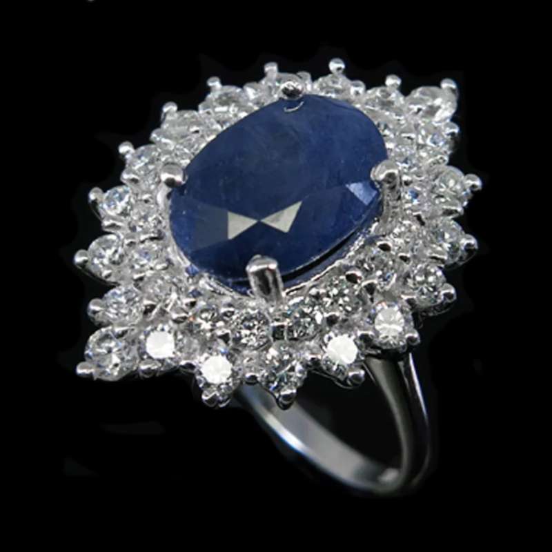 Deluxe Natural Blue Sapphire & White Cubic Zirconia in Solid 925 Silver 14K W/Gold Ring Size 7 / O