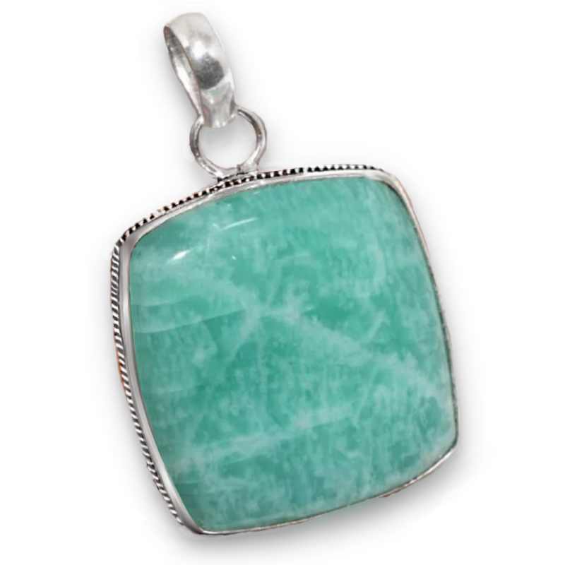 Natural Aqua Green Amazonite Square Gemstone set in .925 Sterling Silver Plated Handmade Pendant