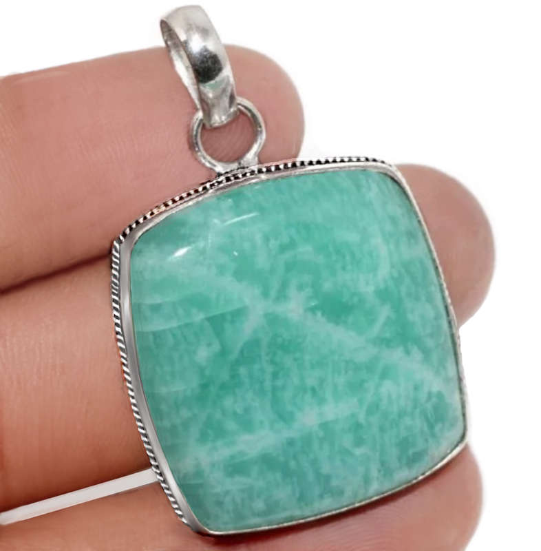 Natural Aqua Green Amazonite Square Gemstone set in .925 Sterling Silver Plated Handmade Pendant