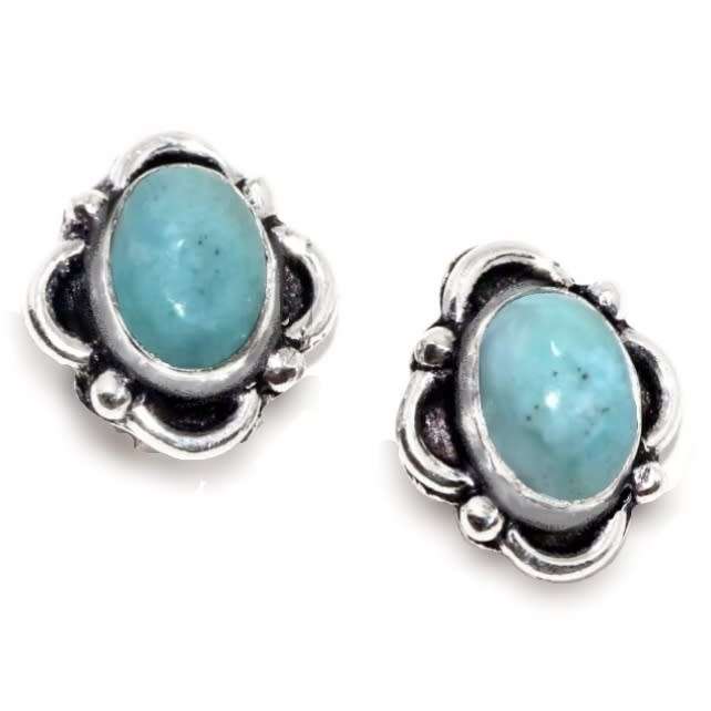 Antique Style Natural Caribbean Larimar Oval Gemstone .925 Sterling Silver Plated Stud Earrings