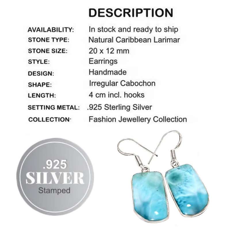 Handmade Natural Caribbean Larimar Gemstone set in .925 Sterling Silver Drop Dangle Earrings