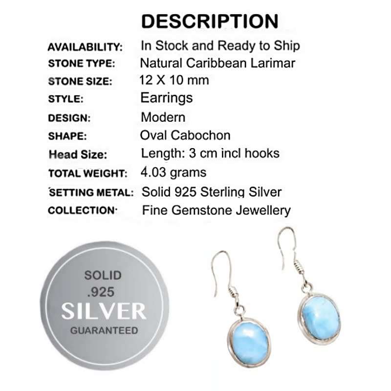 Natural Caribbean Larimar Gemstone  set in Solid .925 Sterling Silver Dainty Earrings