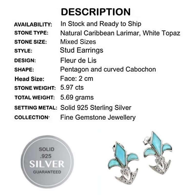 Fleur Des Lis Natural Caribbean Larimar Gemstone .925 Sterling Silver Stud Earrings