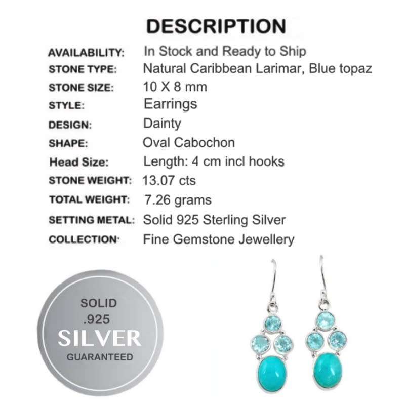 13.07 cts Rare Natural Caribbean Larimar, Blue Topaz Gemstone .925 Sterling Silver Earrings