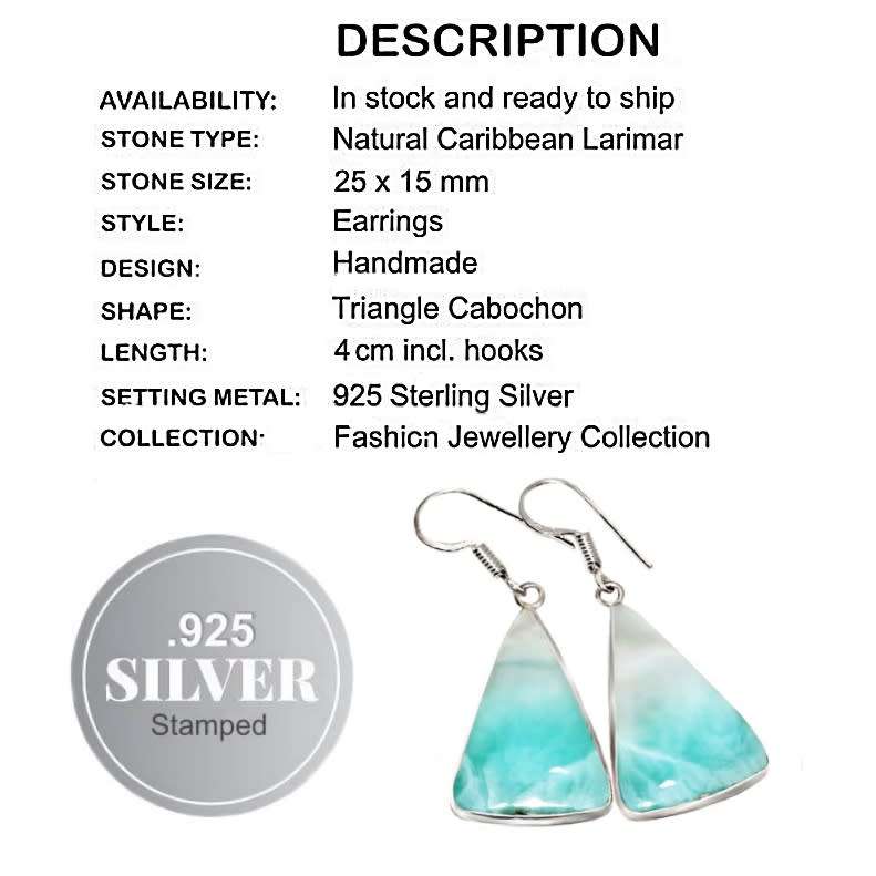 Handmade Natural Caribbean Larimar  Gemstone .925 Sterling Silver Earrings