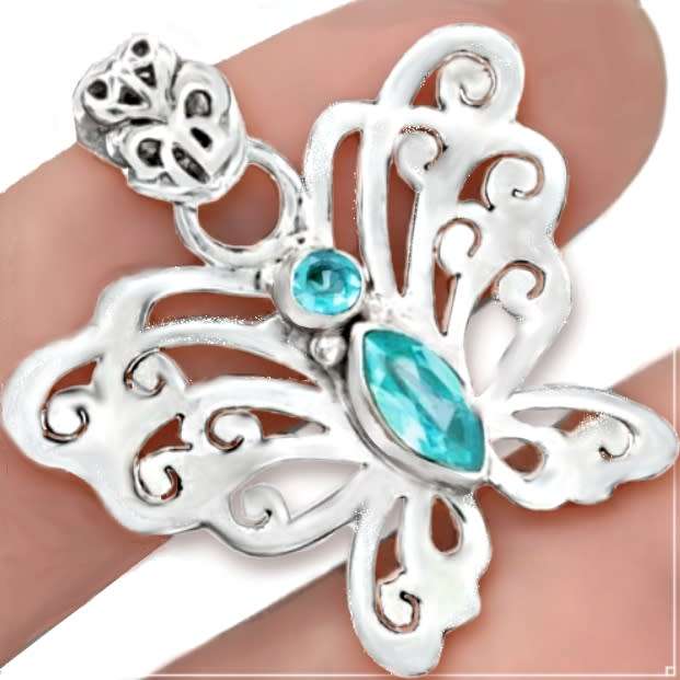 Dainty Natural Blue Topaz Solid 925 Sterling Silver Butterfly Pendant