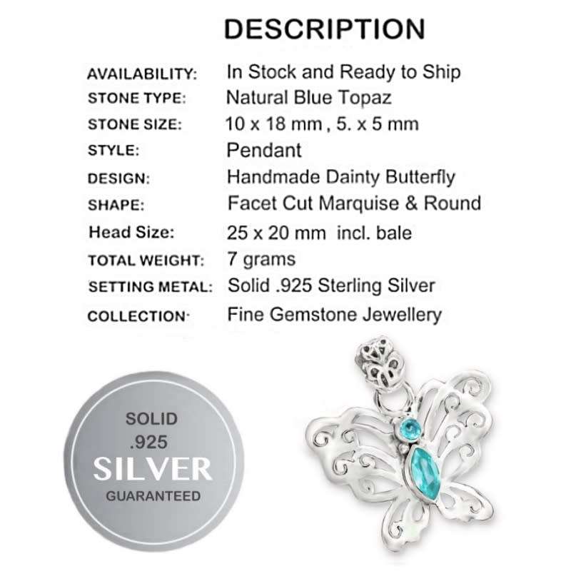 Dainty Natural Blue Topaz Solid 925 Sterling Silver Butterfly Pendant