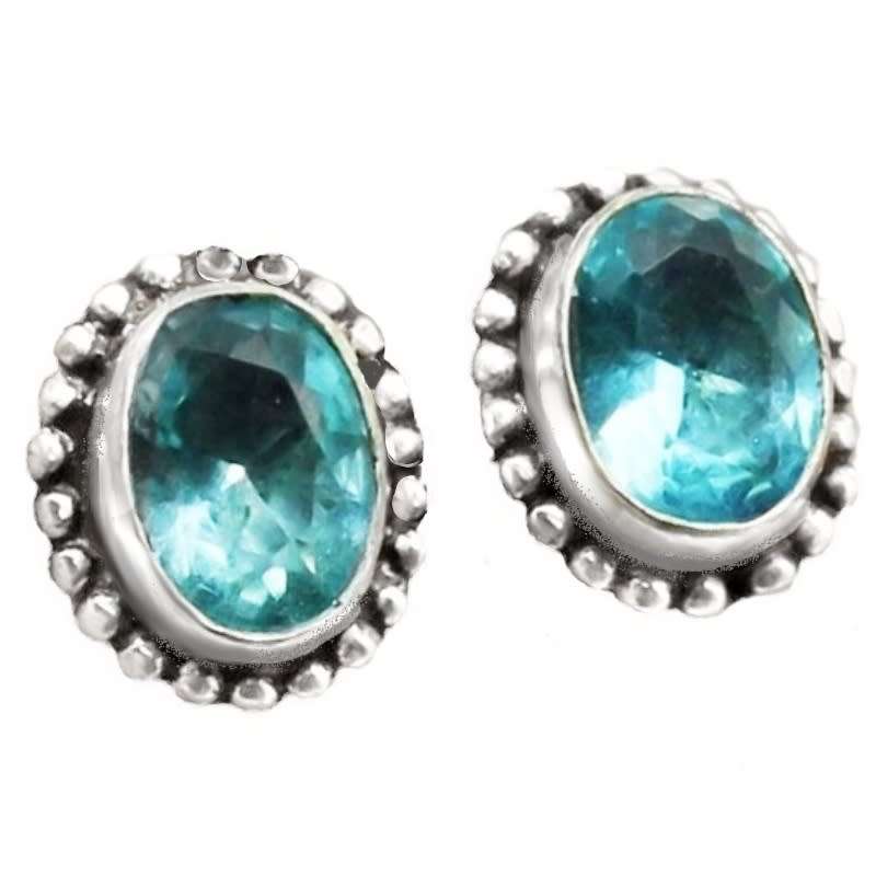 Blue Topaz Oval Gemstone set in .925 Sterling Silver Plated Handmade Stud Earrings