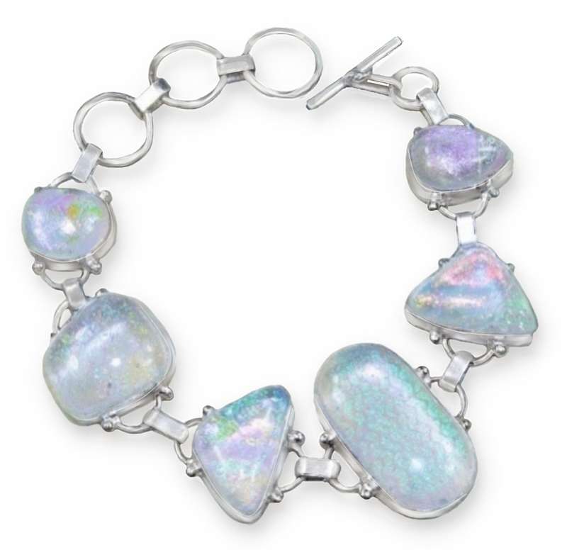 Iridescent Aqua Pink Green American Dichroic Glass set in 925 Sterling Silver Plated H/made Bracelet