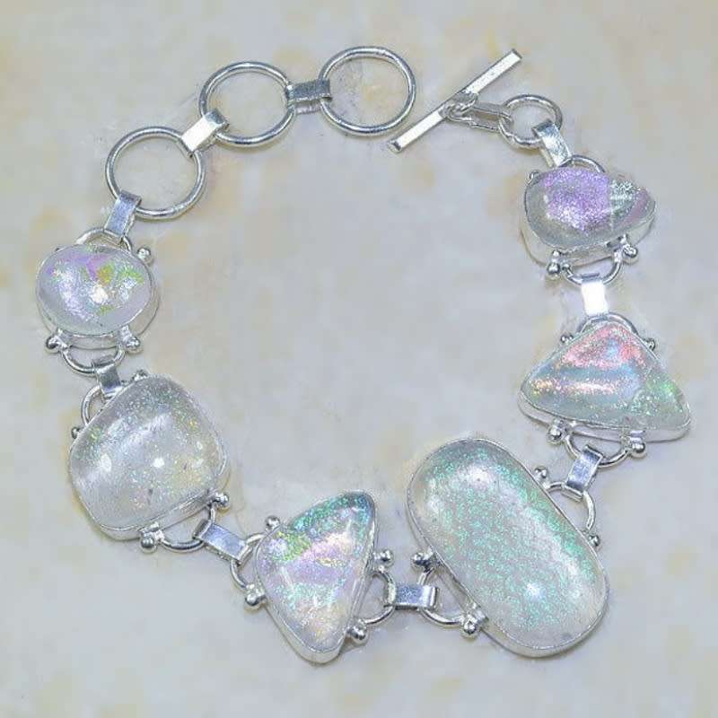 Iridescent Aqua Pink Green American Dichroic Glass set in 925 Sterling Silver Plated H/made Bracelet
