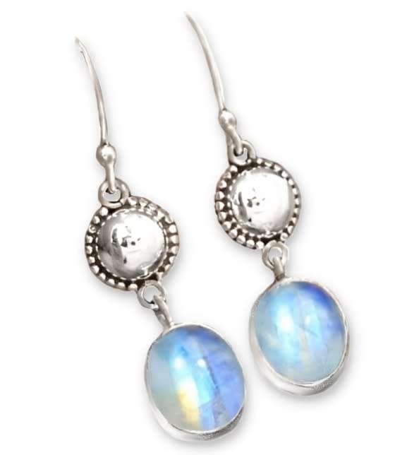 Natural Rainbow Moonstone Oval Gemstone set in Solid .925 Sterling Silver Earrings