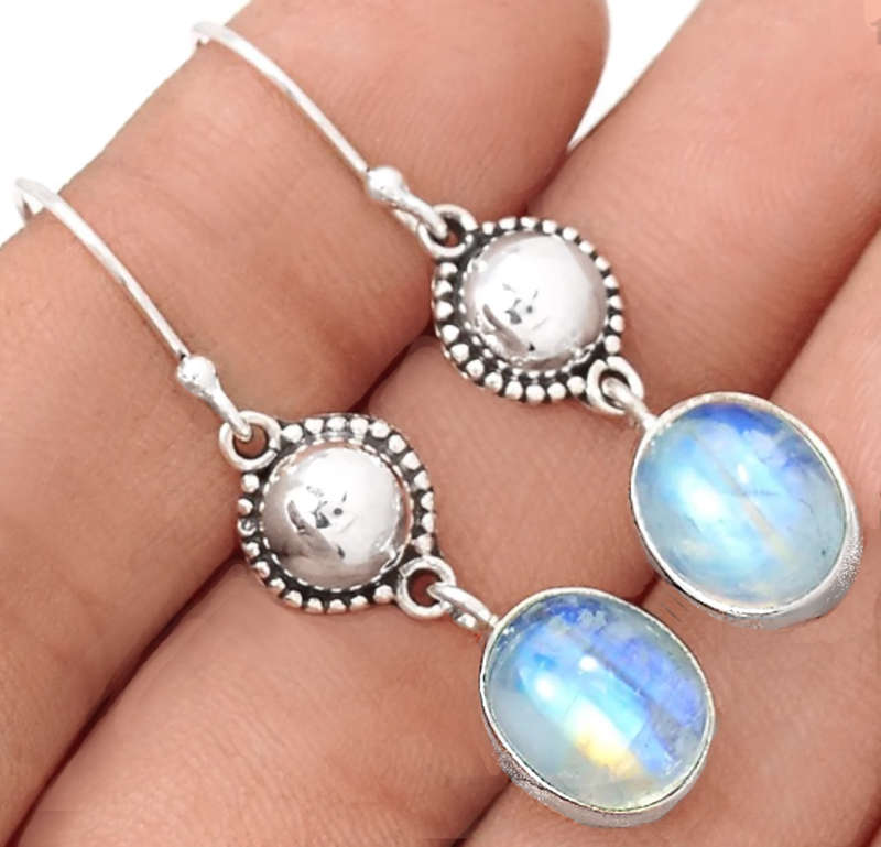 Natural Rainbow Moonstone Oval Gemstone set in Solid .925 Sterling Silver Earrings