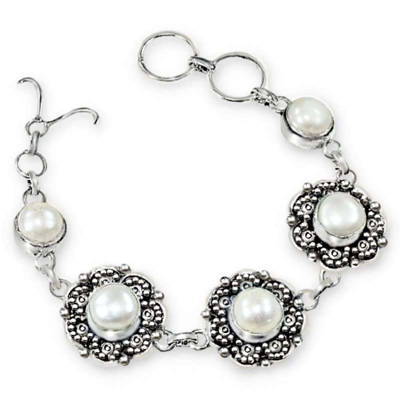 Creamy White River Pearl in .925  Sterling Silver Plated Handmade Floral Setting Bracelet