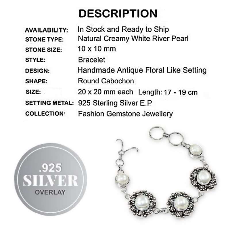 Creamy White River Pearl in .925  Sterling Silver Plated Handmade Floral Setting Bracelet