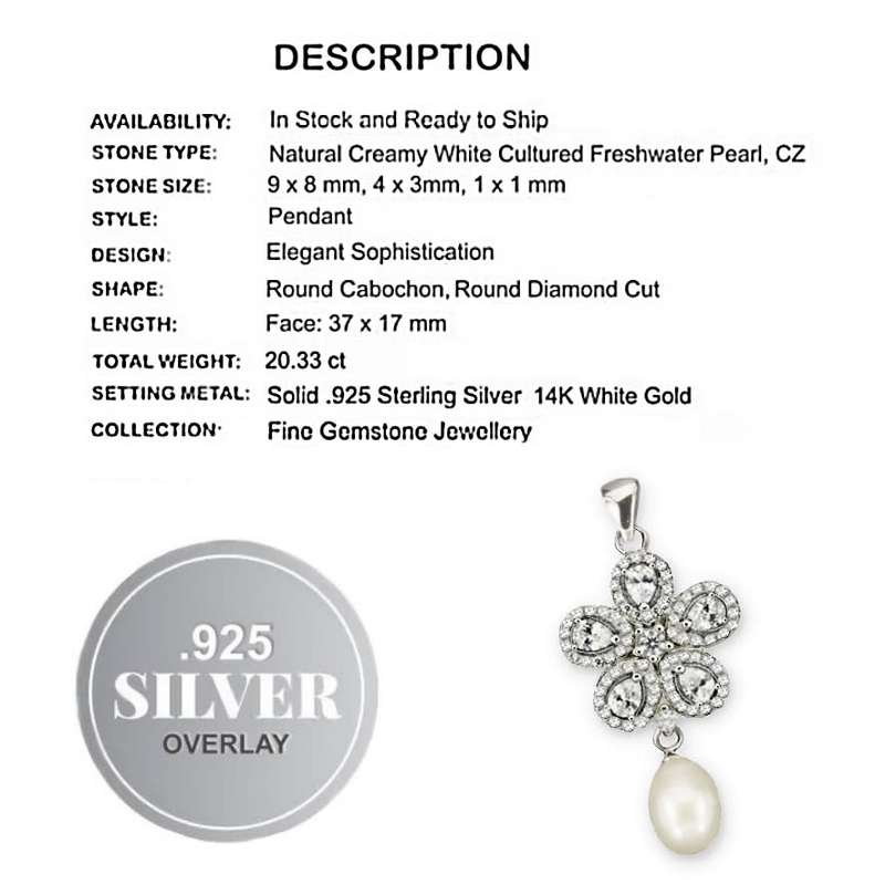 20.33 cts Natural White Pearl And AAA White CZ set in Solid .925  Sterling Silver 14K W/Gold Pendant