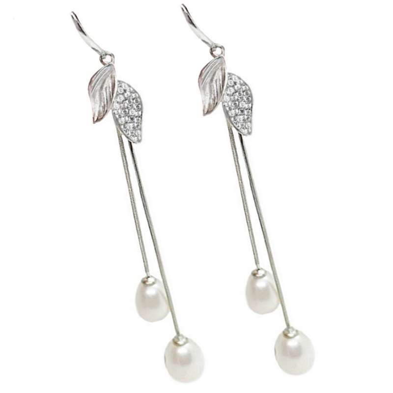 Creamy White Freshwater Pearl, White Cubic Zirc in Solid .925 Sterling Silver 14K W/Gold Earrings