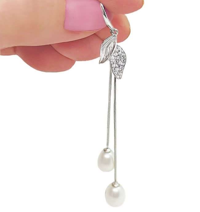 Creamy White Freshwater Pearl, White Cubic Zirc in Solid .925 Sterling Silver 14K W/Gold Earrings
