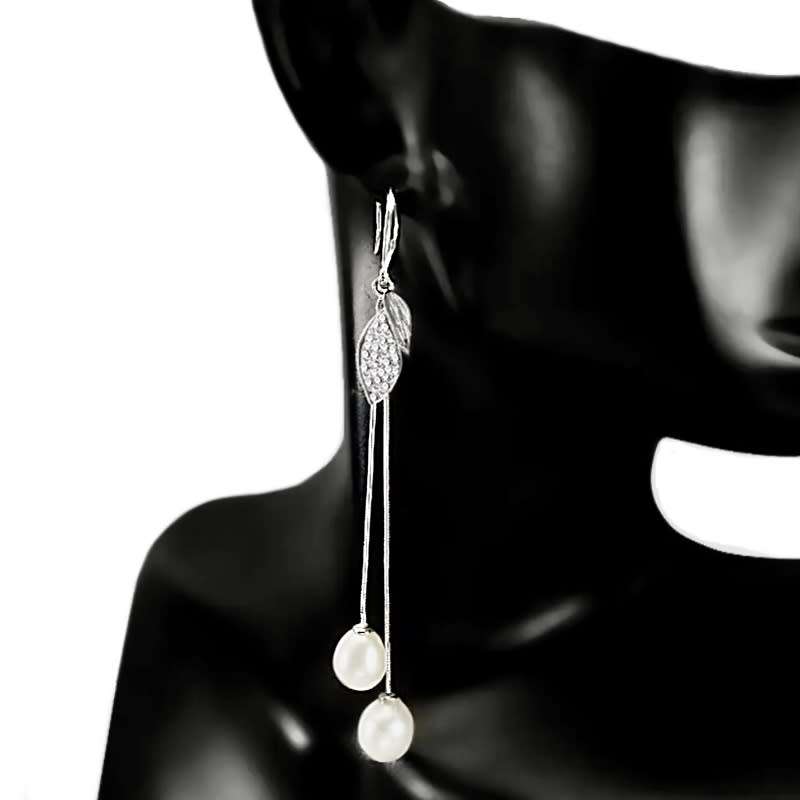 Creamy White Freshwater Pearl, White Cubic Zirc in Solid .925 Sterling Silver 14K W/Gold Earrings