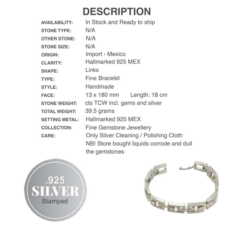 18 cm Handmade Eternity Links Hallmarked MEX .925 Sterling Silver Bracelet for Men